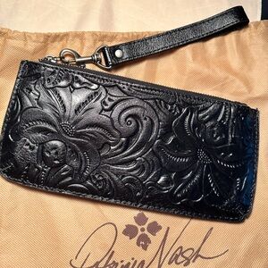 Patricia Nash - black Cassini style tooled work leather wristlet